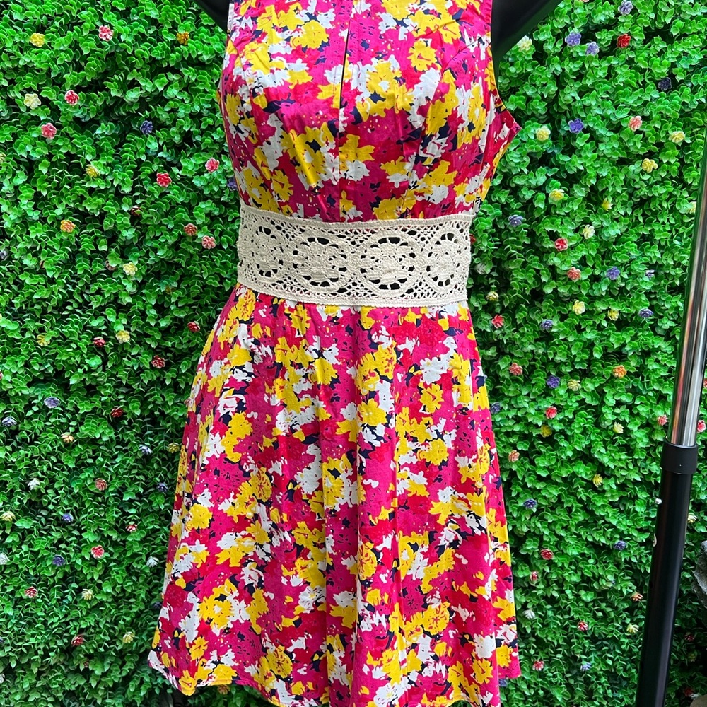 Bailey Blue Floral Sleeveless Dress with Lace Waist